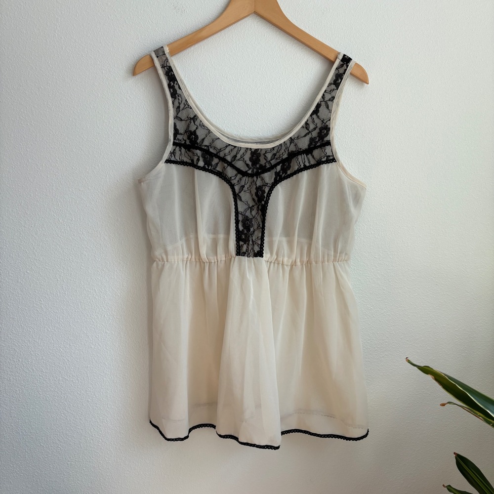 American Rag Womens XL Cream Black Lace Babydoll Empire Waist Sleeveless Top